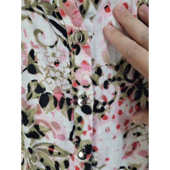 CORAL BAY Women';s LG Linen Blend Floral Button Up Blouse Top Roll Tab Sleeve - Picture 5 of 9